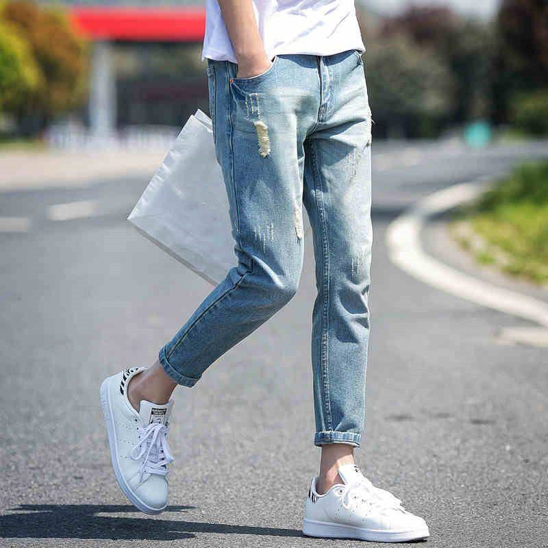 Men's ripped jeans cropped trousers