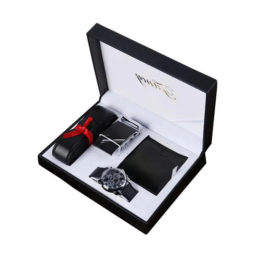 Men's Leather Automatic Buckle Belt Watch Wallet Gift Set