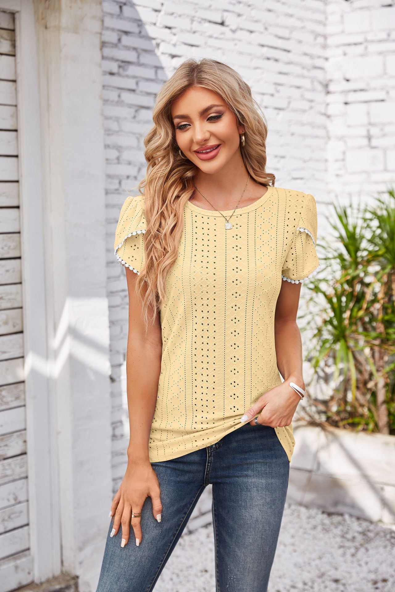 Eyelet Round Neck Petal Sleeve T-Shirt