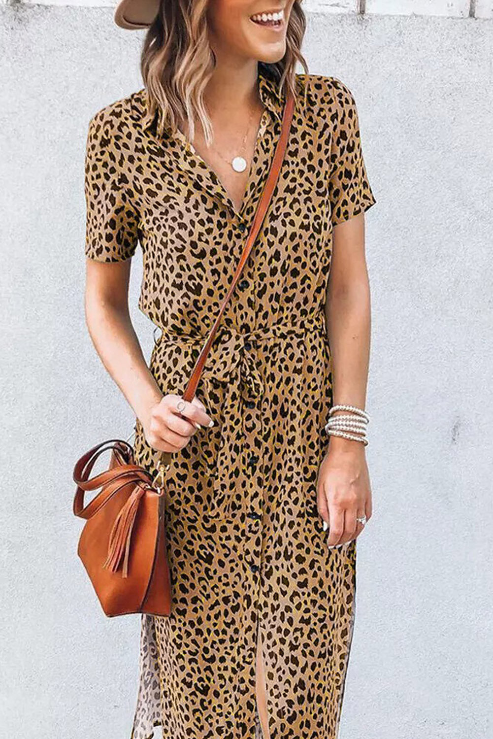 Khaki Leopard Print Waist Belted Button Up Shirt Dress - Babbazon Midi Dresses