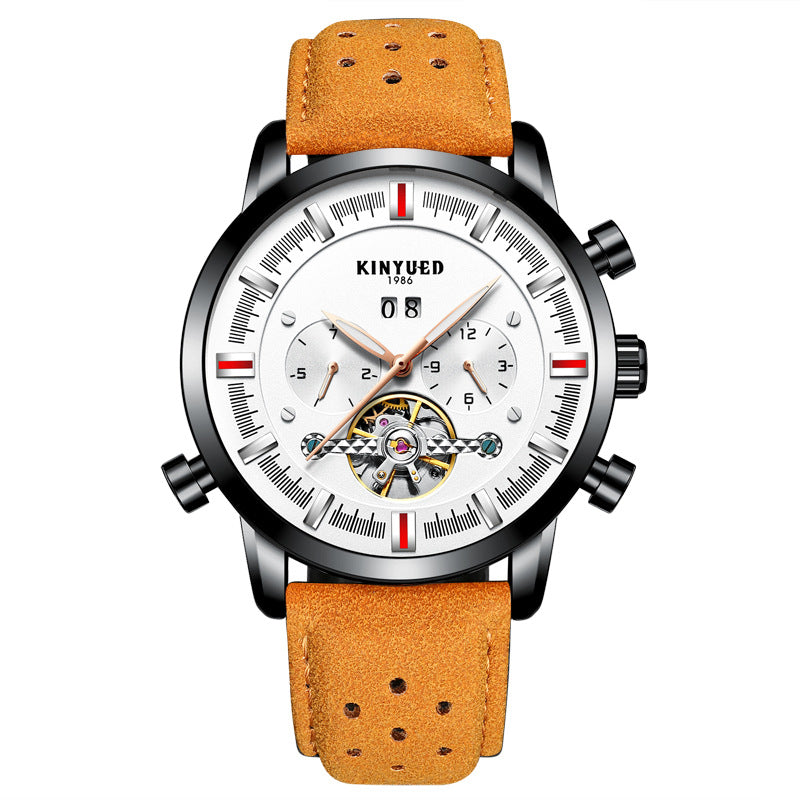 KINYUED Brand Men's Leather Strap, Large Dial Tourbillon Automatic Mechanical Watch