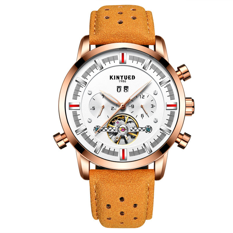 KINYUED Brand Men's Leather Strap, Large Dial Tourbillon Automatic Mechanical Watch