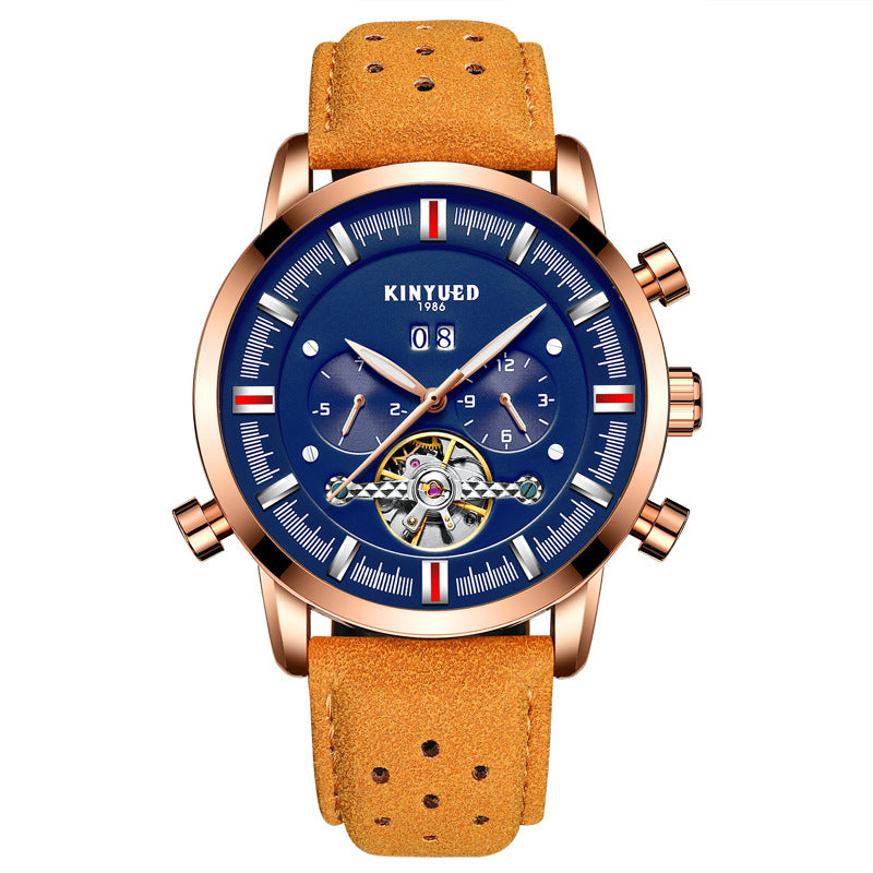 KINYUED Brand Men's Leather Strap, Large Dial Tourbillon Automatic Mechanical Watch