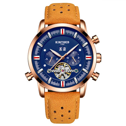 KINYUED Brand Men's Leather Strap, Large Dial Tourbillon Automatic Mechanical Watch