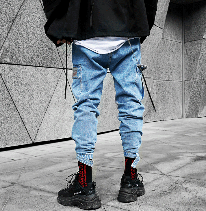 Autumn national tide Japanese large pocket Harlan jeans male loose overalls tide brand small feet casual pants beam pants