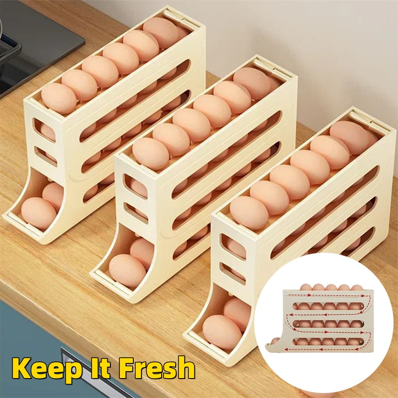 Refrigerator 4-Layer Automatic Egg Roller Sliding Egg Tray Refrigerator Side Door Large Capacity Holder Egg Storage Box Kitchen Gadgets 