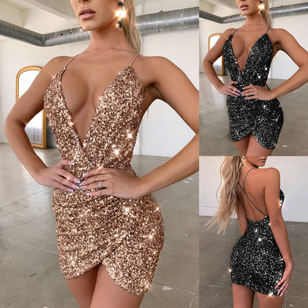 Sequin Sexy Suspender Halter Irregular Dress