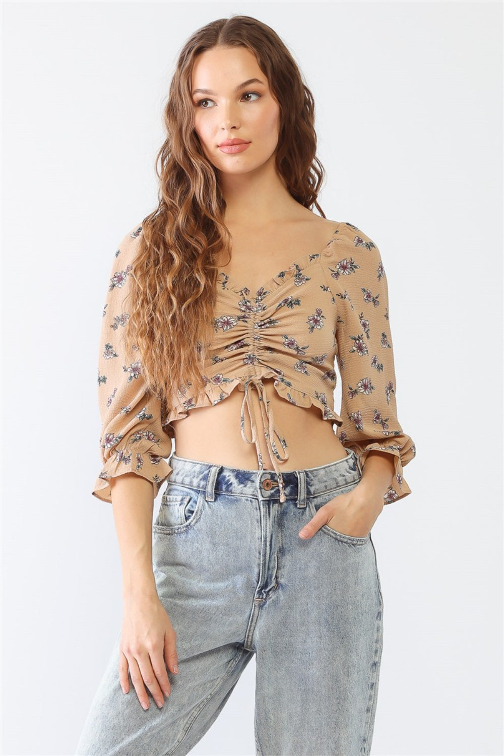 Tasha Apparel Floral Ruffle Smocked Back Ruched Crop Top - Babbazon New Products