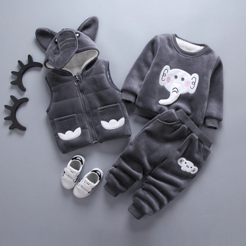 New children's clothing boys winter thickening plus velvet three-piece warm cotton casual Korean version of the cartoon wholesale tide