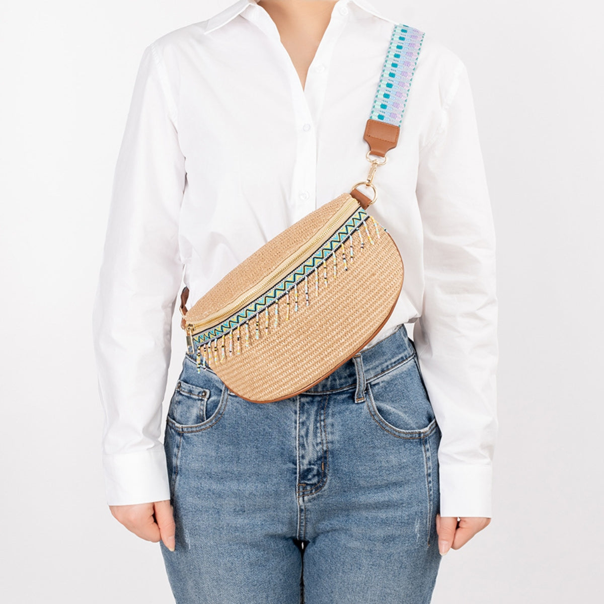 Bead Trim Straw Weave Crossbody Bag - Babbazon New Products