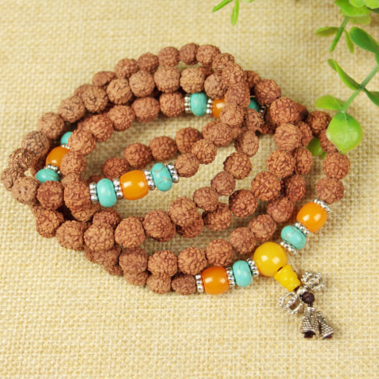 Natural Wood 108 Buddha Beads Yellow Flower Pear Ebony