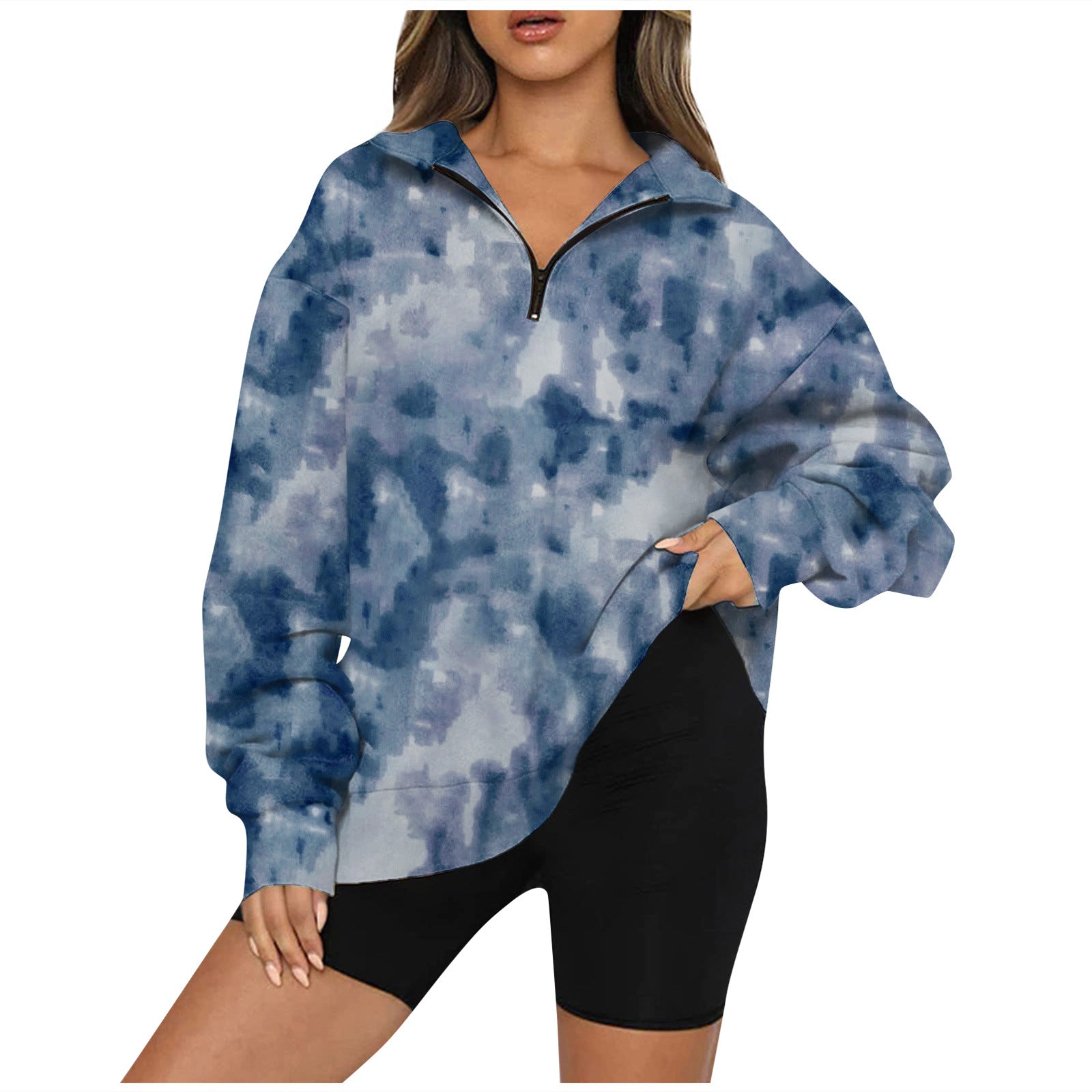 Tie Dye Printed Zippered Lapels Sweatshirt Womens Clothing Long Sleeve Loose Pocketless Top 