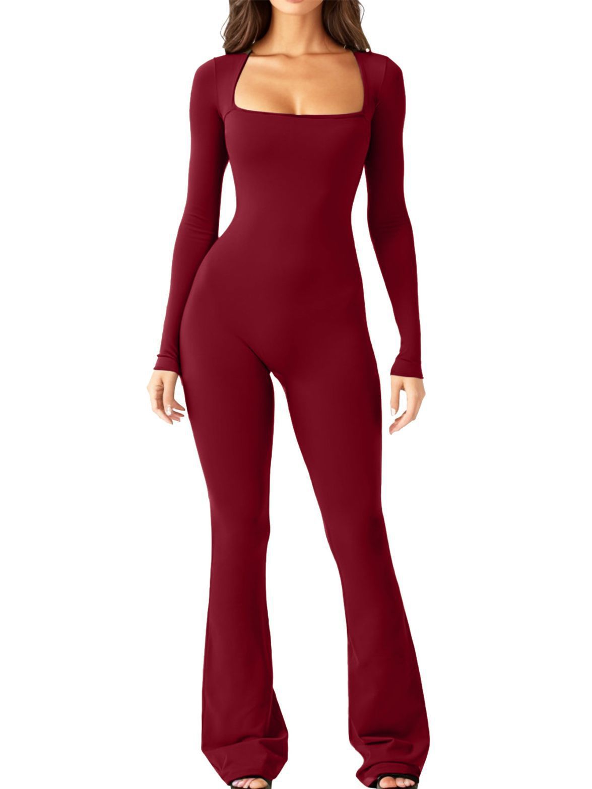 Women Long Sleeve Belly Waist Shaping And Hip Lift Square Collar Wide Leg High Elastic Jumpsuit 