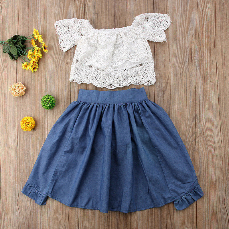 Lace top, denim skirt, three-piece set