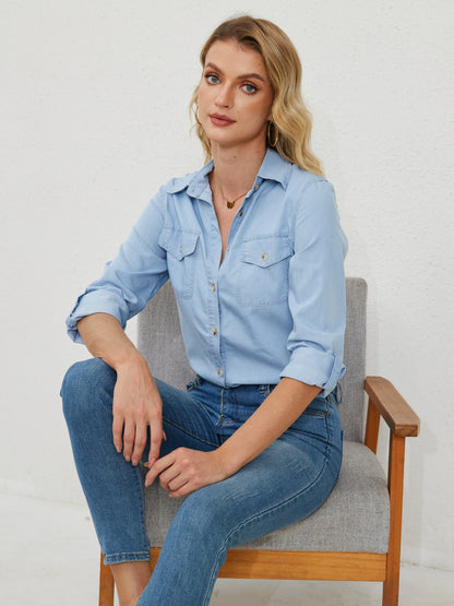 Pocketed Button Up Long Sleeve Denim Shirt 