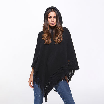 Openwork Fringe Hem Hooded Poncho 