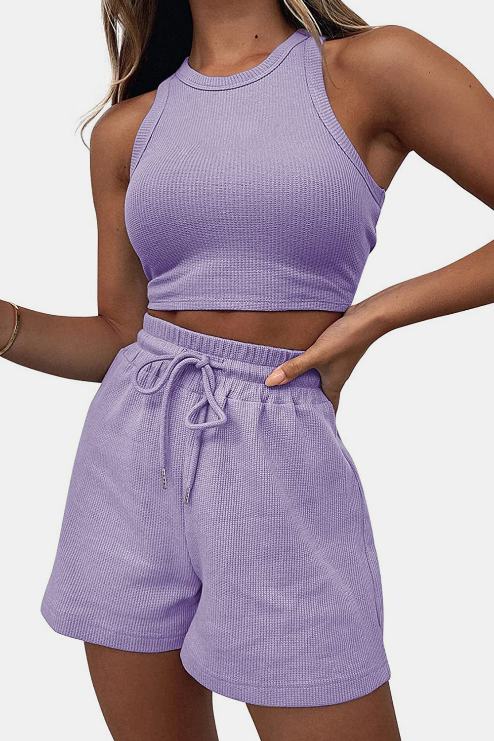 Round Neck Top and Drawstring Shorts Set - Babbazon New Products