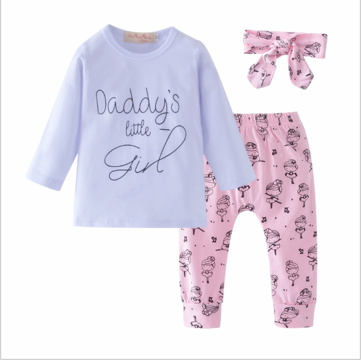 Daddy's Little Girl T-shirt Cartoon Pants Headband Toddler Outfit Set 