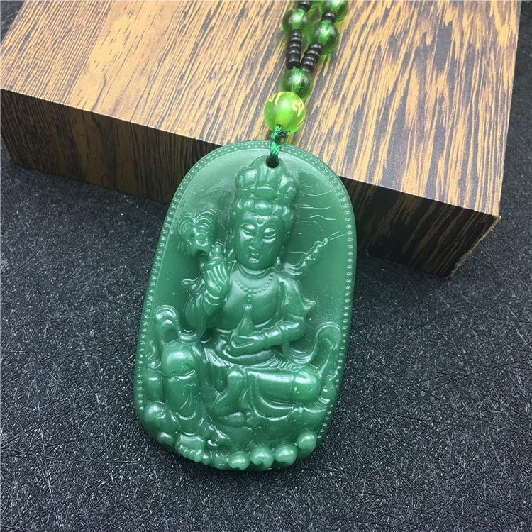 New Retro Jade-like Guanyin Buddha Pendant Emerald Dragon Sweater Chain Necklace