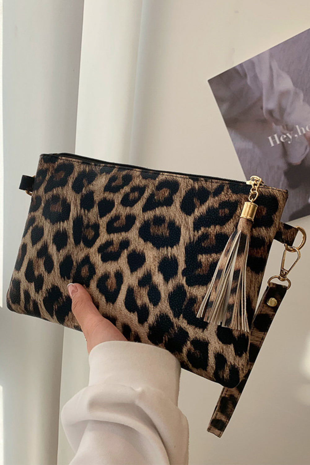 Chestnut Leopard Print Wrist Strap Zipped Wallet - Babbazon Clutches & Evening Bags