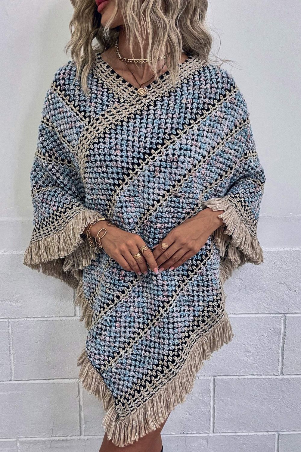 V-Neck Fringe Hem Poncho 