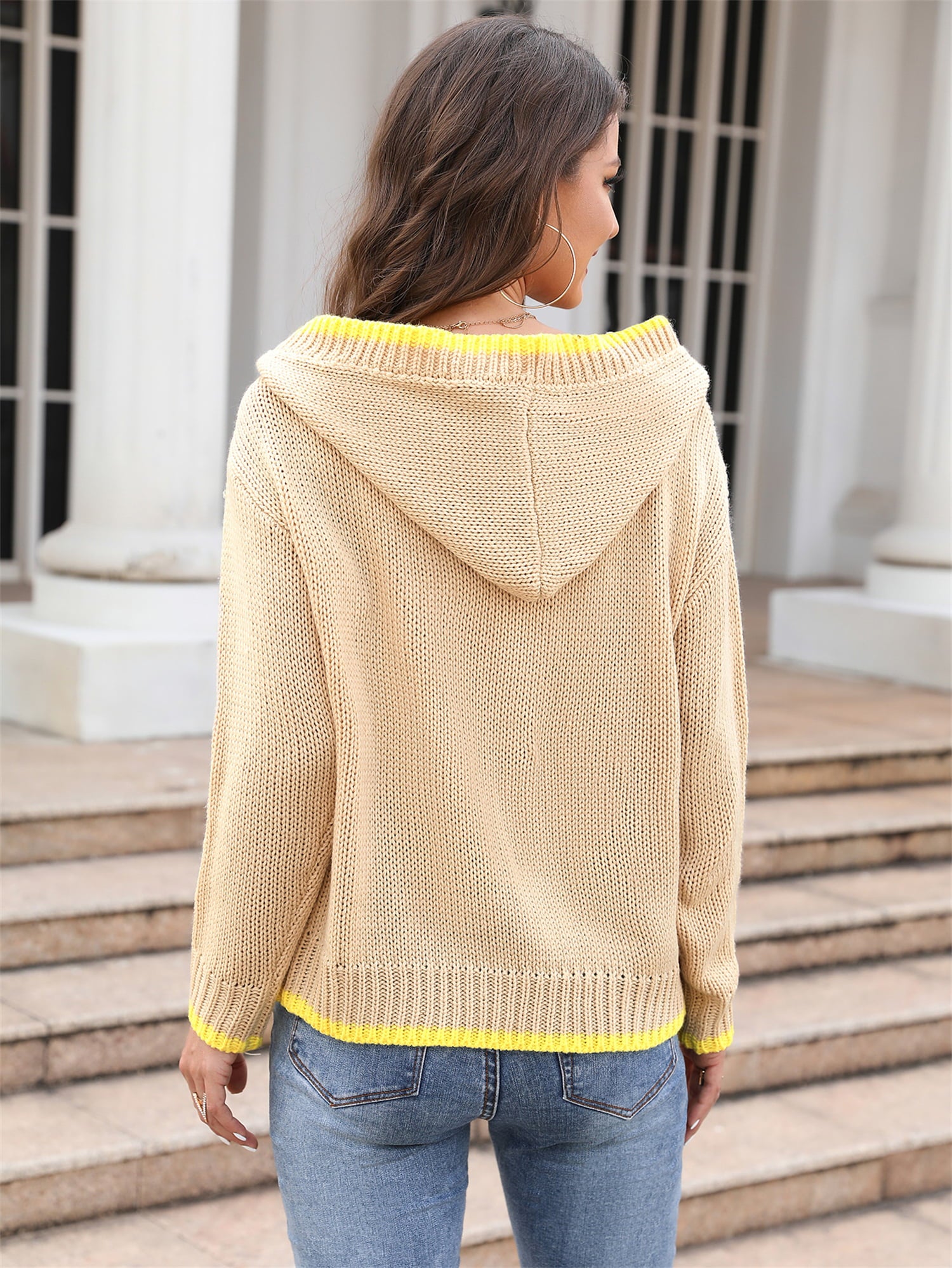 Ribbed Dropped Shoulder Hooded Sweater 