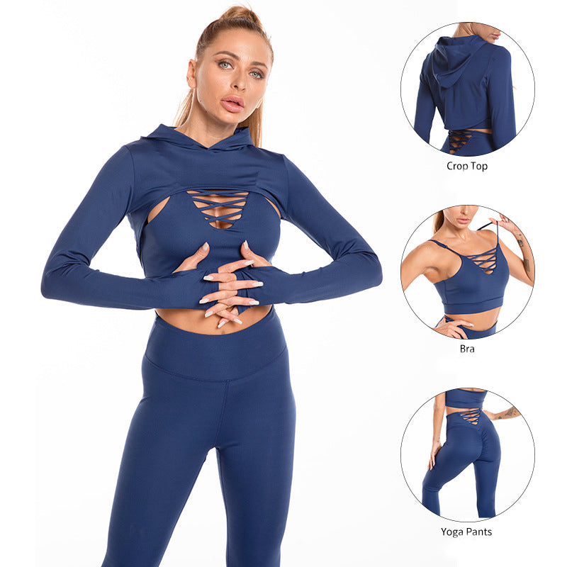 3pcs Sports Suits Long Sleeve Hooded Top Hollow Design Camisole And Butt Lifting High Waist Seamless Fitness Leggings Sports Gym Outfits Clothing 