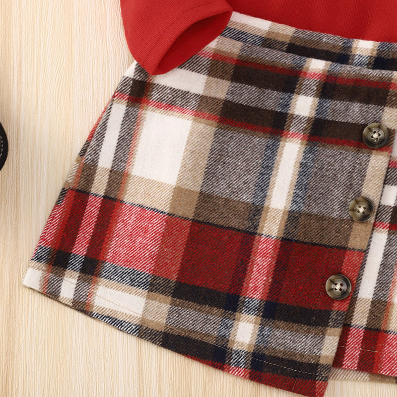 Long Sleeve Plaid Print Children's Skirt Set