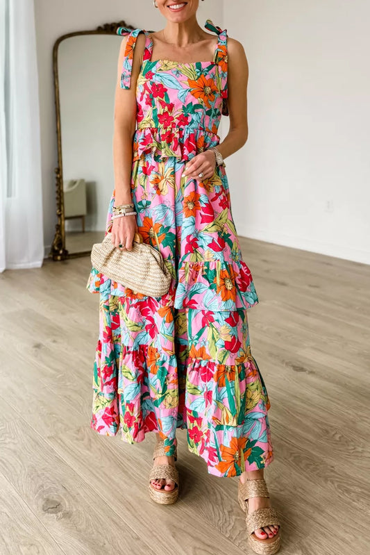 Multicolour Boho Floral Print Knot Strap Ruffle Layered Maxi Dress - Babbazon Maxi Dresses