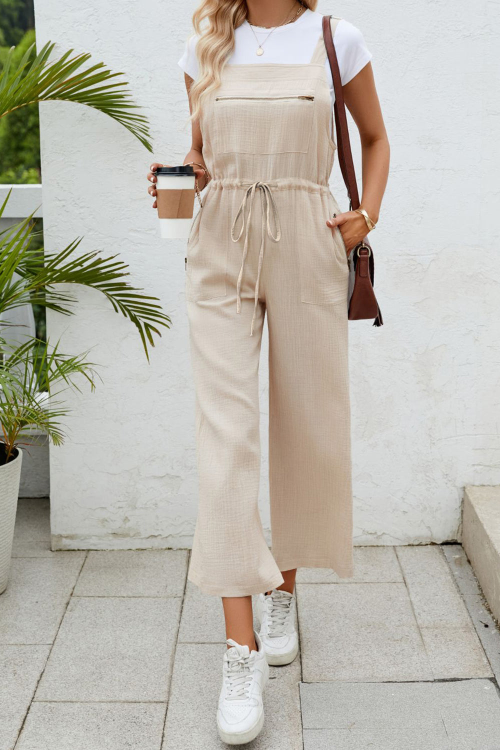 Drawstring Wide Strap Jumpsuit with Pockets 