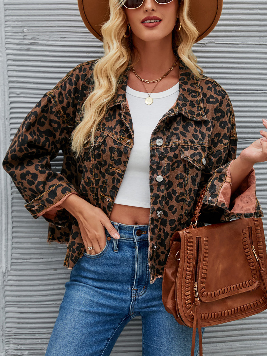 Leopard Button Up Dropped Shoulder Denim Jacket - Babbazon new