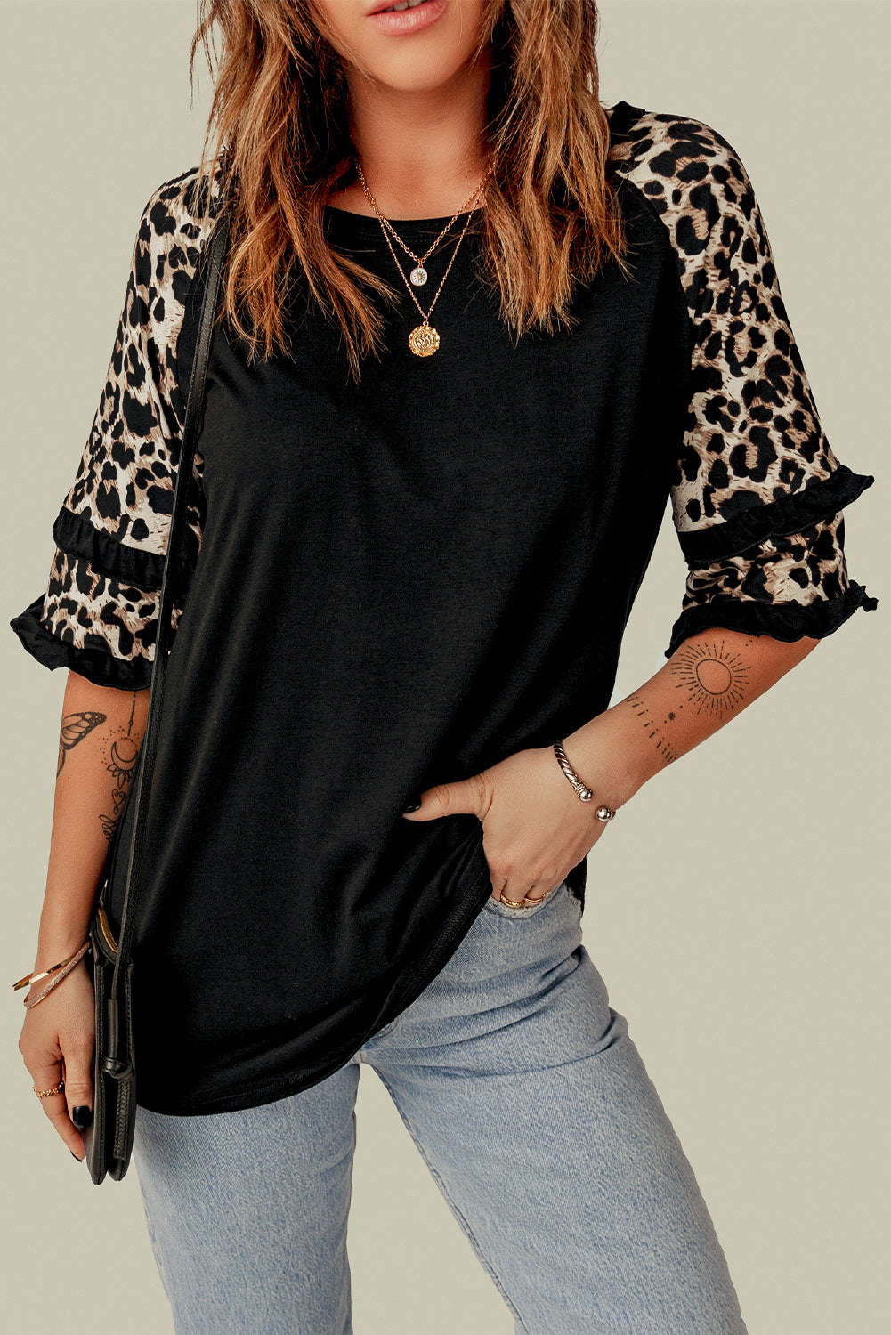 Black Casual Ruffled Leopard Sleeve Patchwork T-Shirt - Babbazon T Shirts