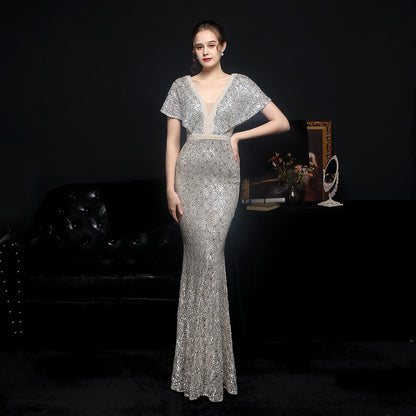 Women's Sequin Fishtail Banquet Elegant V-neck Dress