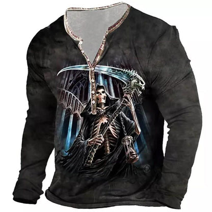 European And American Vintage Print Seven Button Open Placket Skull Long Sleeve T-shirt