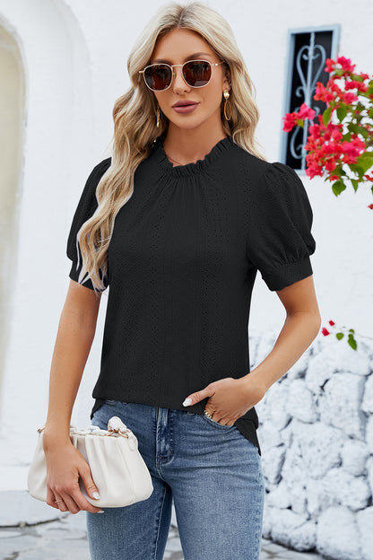 Eyelet Frill Mock Neck Short Sleeve Top