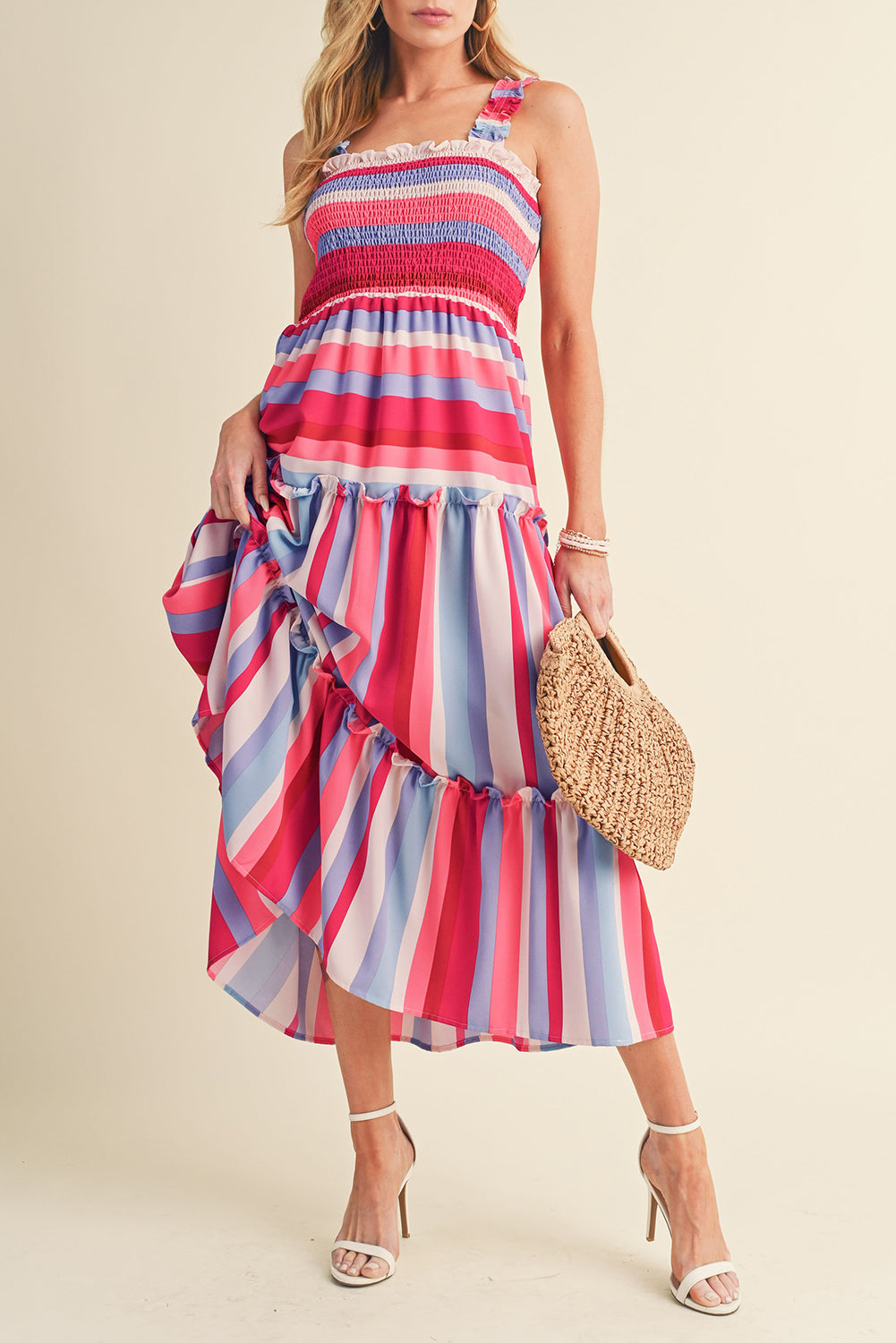 Red Stripe Ruffled Straps Smocked Tiered Long Dress - Babbazon Maxi Dresses