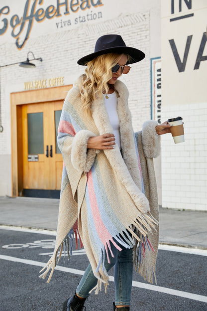 Color Block Fringe Detail Poncho 