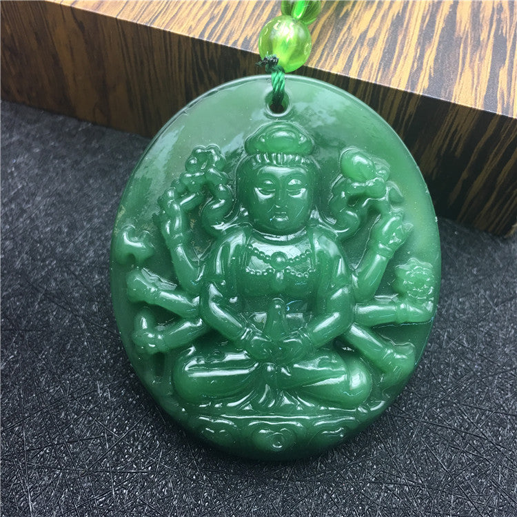 New Retro Jade-like Guanyin Buddha Pendant Emerald Dragon Sweater Chain Necklace