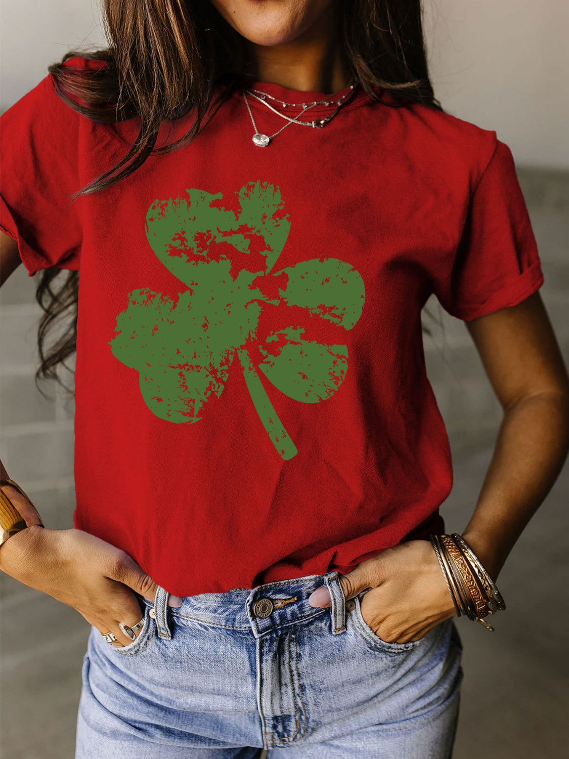 Full Size Lucky Clover Round Neck Short Sleeve T-Shirt - Babbazon New Products