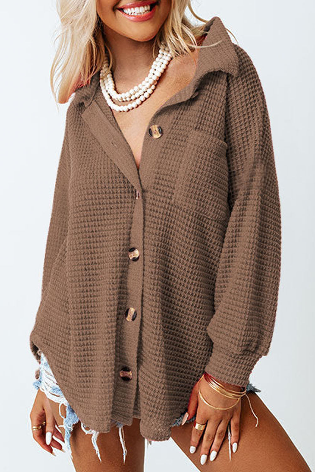 Waffle-Knit Button Up Long Sleeve Shirt with Pocket - Babbazon Tops