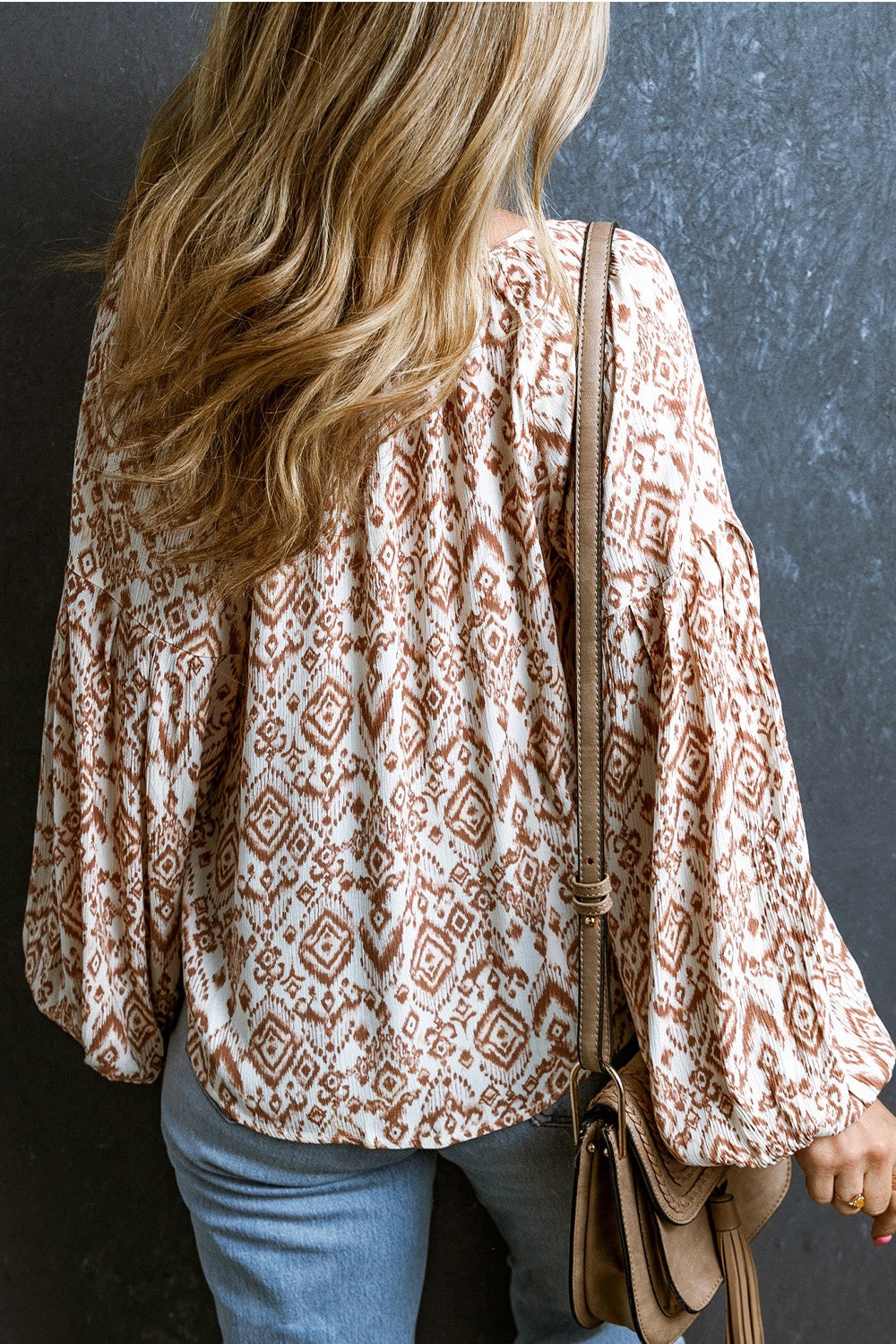 Printed Tie Neck Balloon Sleeve Blouse 