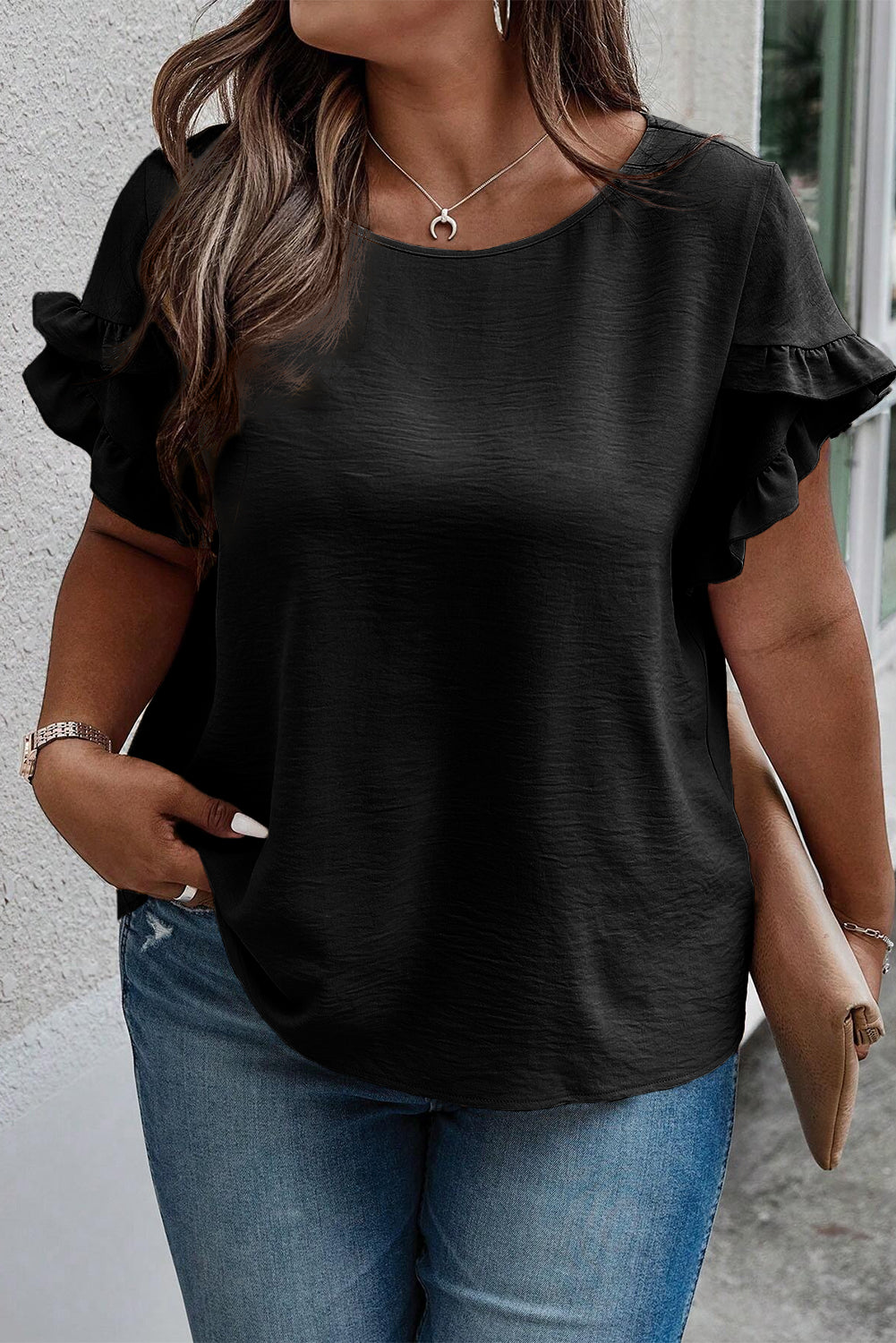 Plus Size Ruffled Round Neck Short Sleeve Blouse - Babbazon new