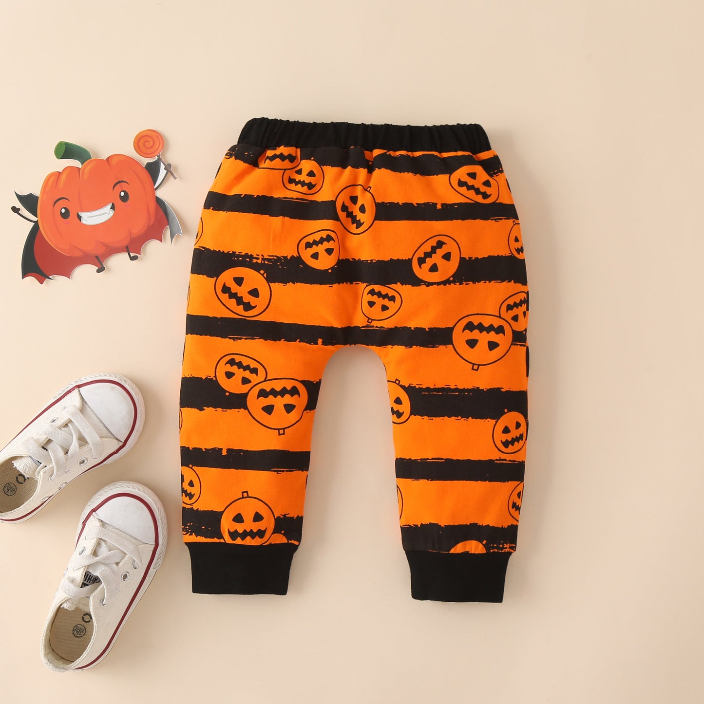 Halloween Pumpkin Print Long Sleeve Romper Set Of Three