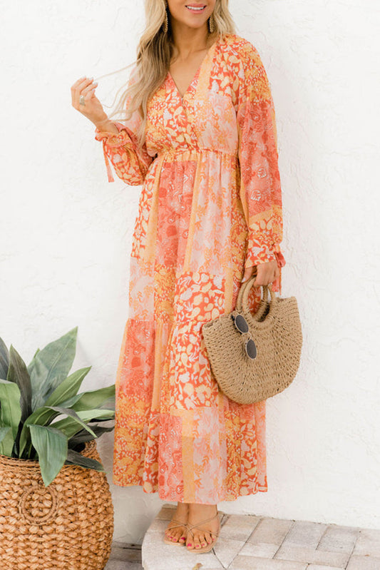 Orange Boho Floral Wrap V Neck Tie Long Sleeve Dress - Babbazon Maxi Dresses