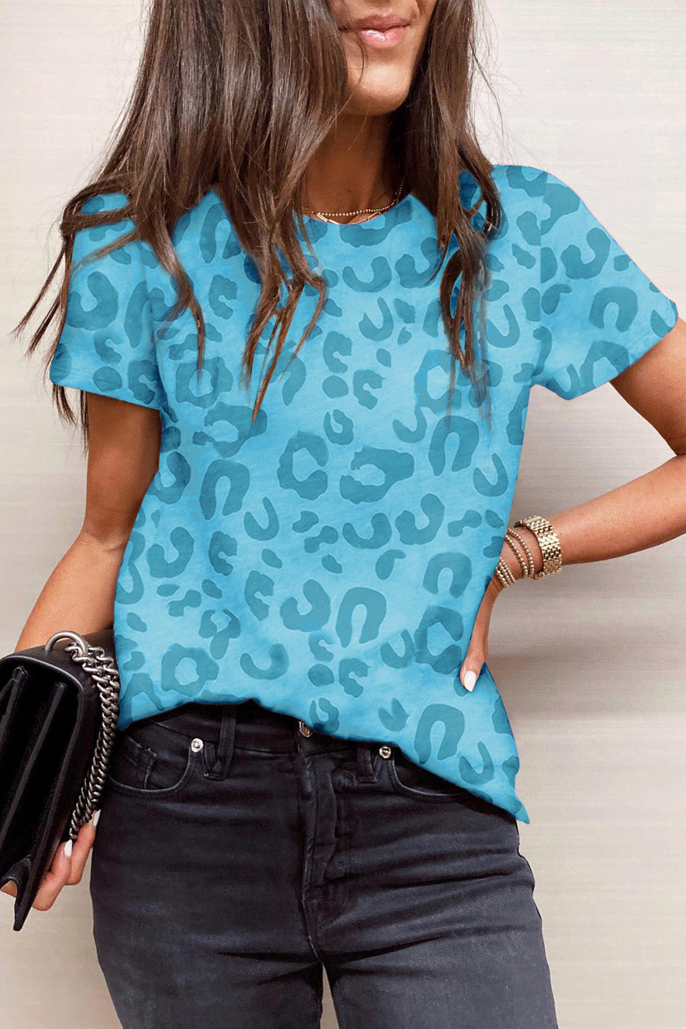 Sky Blue Casual Leopard Crew Neck Short Sleeve T Shirt - Babbazon T Shirts