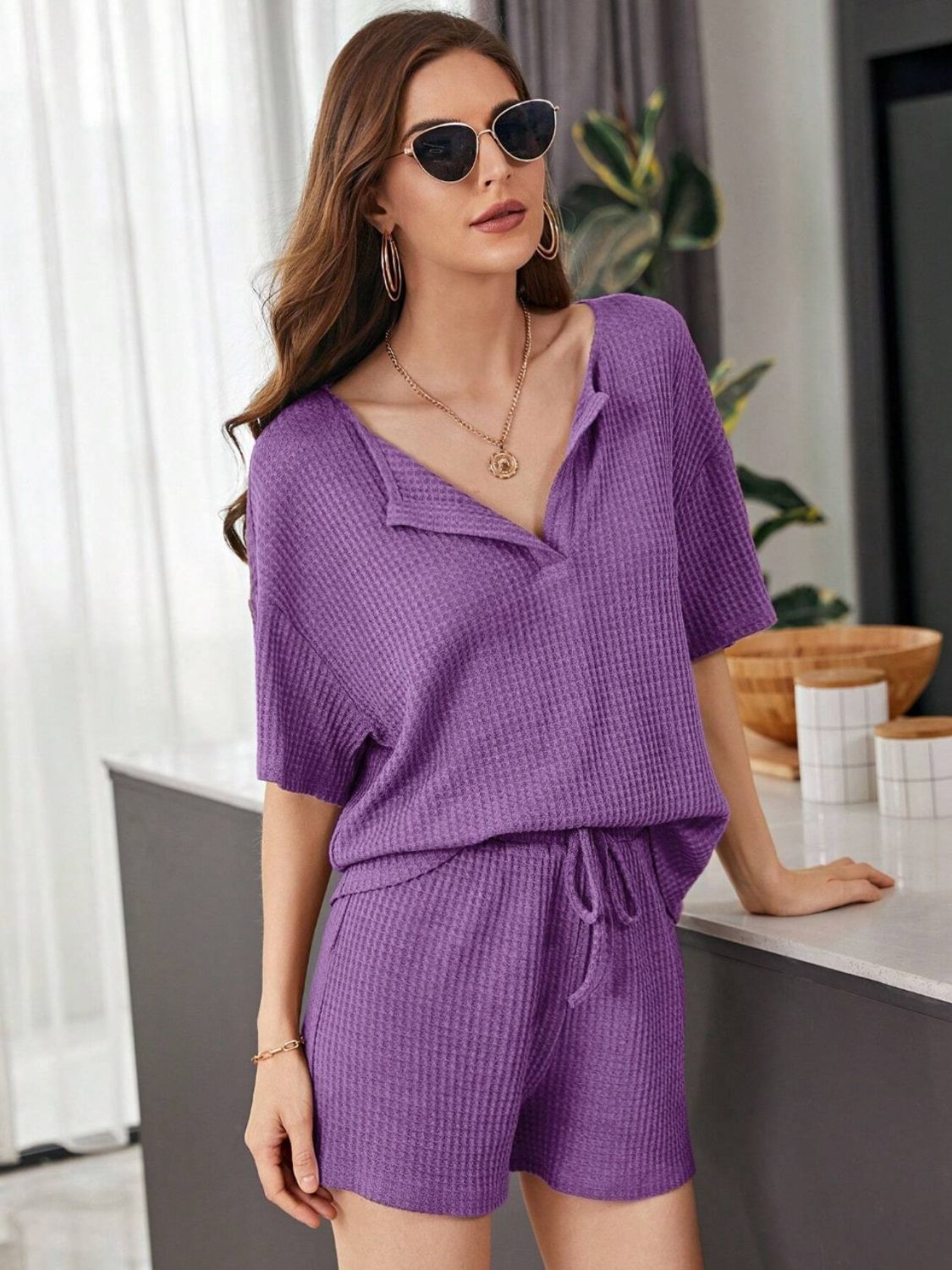 Full Size Waffle-Knit Dropped Shoulder Top and Shorts Set - Babbazon New Products