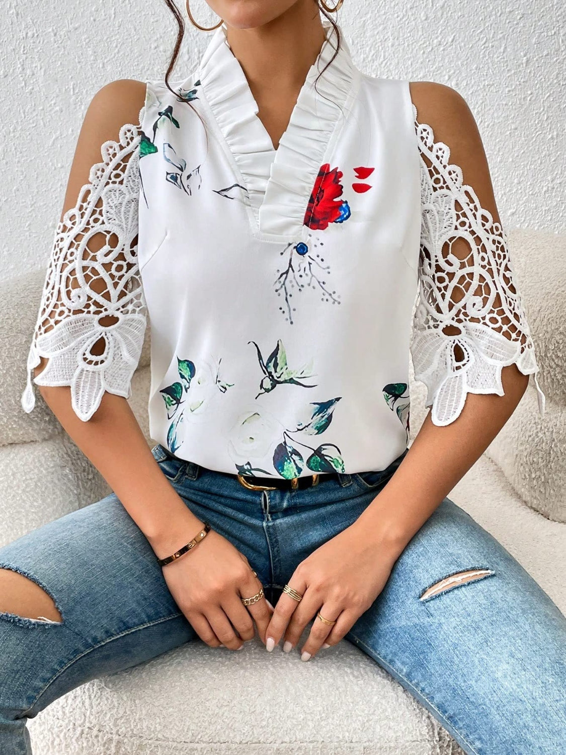 Full Size Lace Printed Half Sleeve Blouse - Babbazon New Products