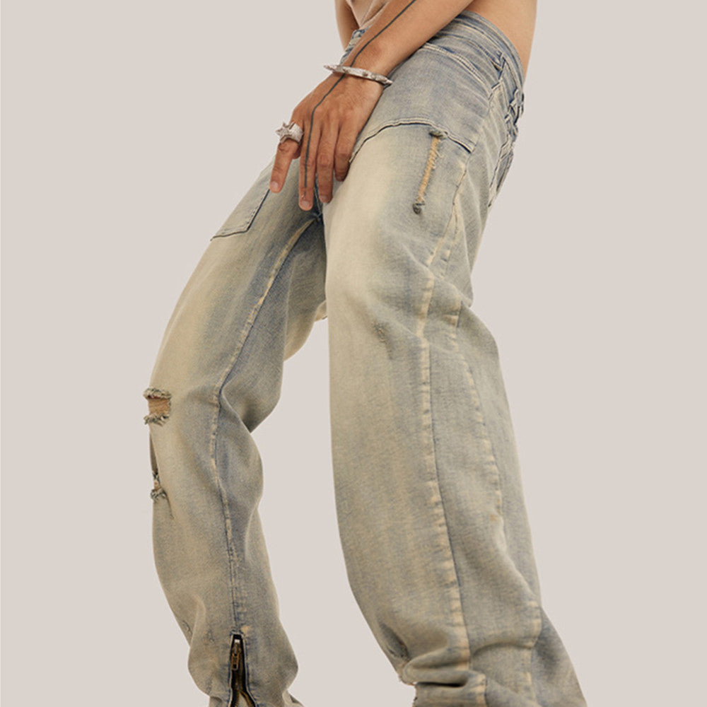 Men's Vintage Wash Yellow Mud Pull Up Pants