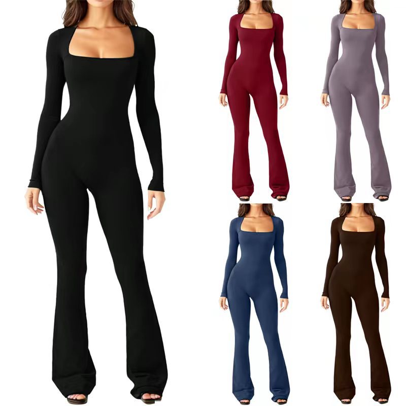 Women Long Sleeve Belly Waist Shaping And Hip Lift Square Collar Wide Leg High Elastic Jumpsuit 