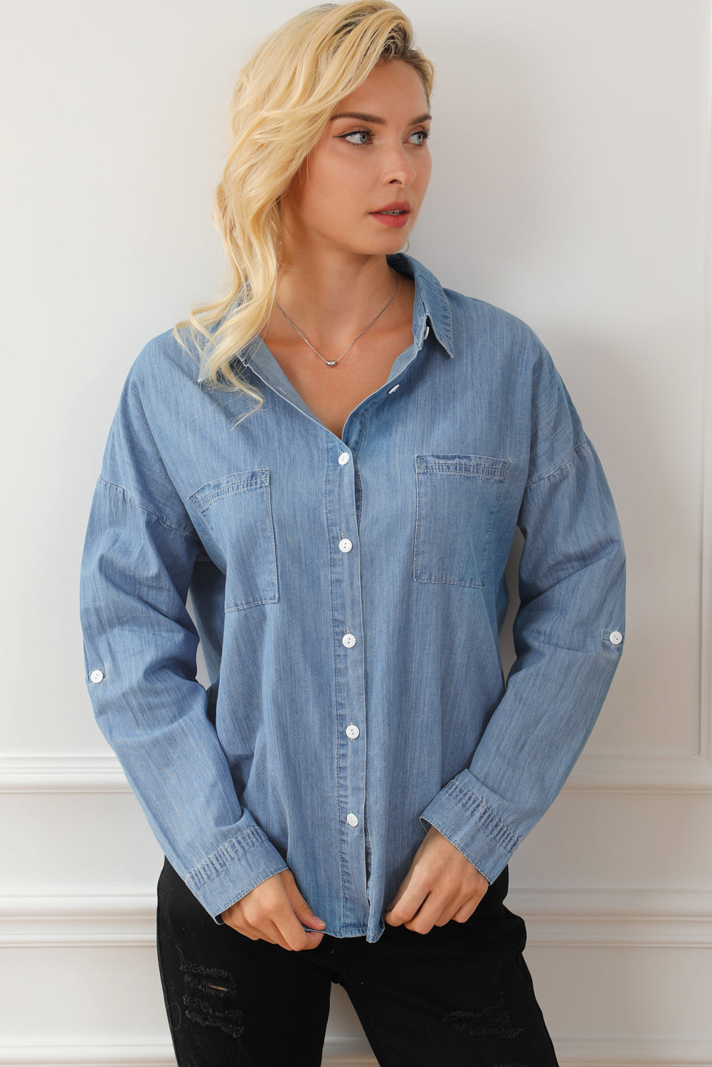 Pocketed Button Up Collared Neck Denim Top - Babbazon Tops